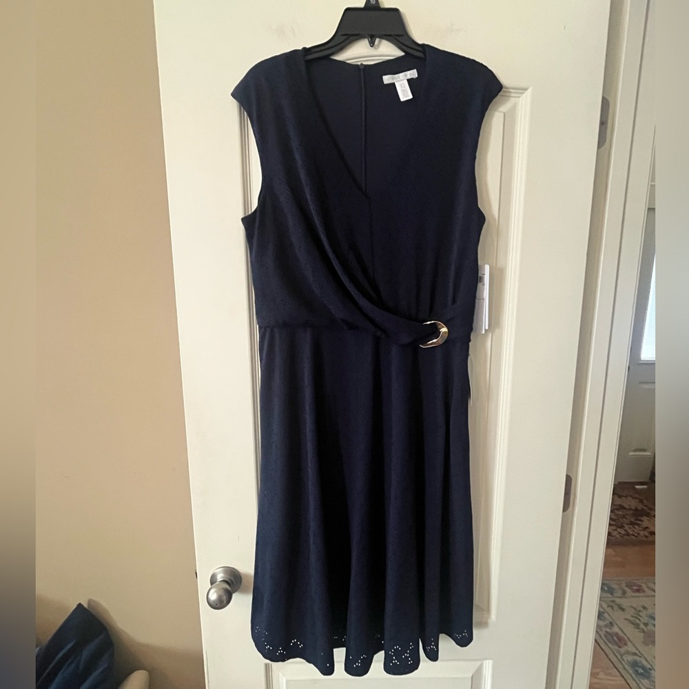 London Times Navy Wrap-Style Sleeveless Midi Dress Size 10